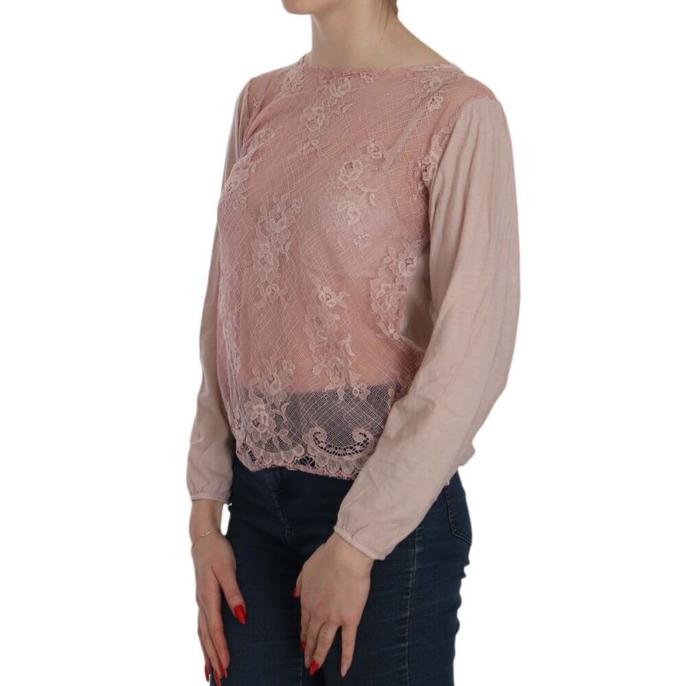 PINK MEMORIES Pink Lace See Through Long Sleeve Women's Blouse